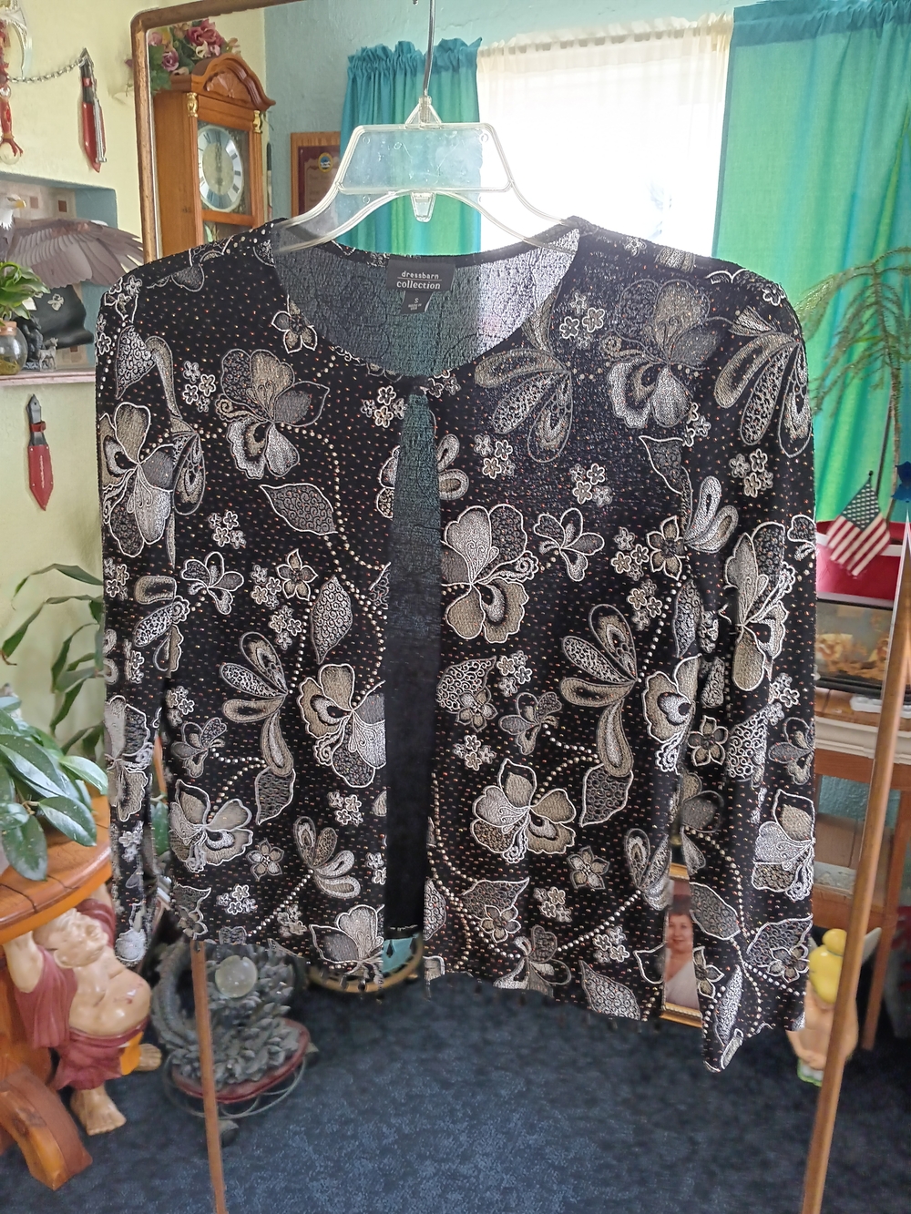 dressbarn Black Paisley Floral Open-Front Cardigan